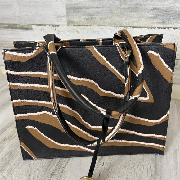 Chico’s Tiger Stripe Structured Tote Bag Animal Print Faux Leather Gold Logo - Picture 1 of 8